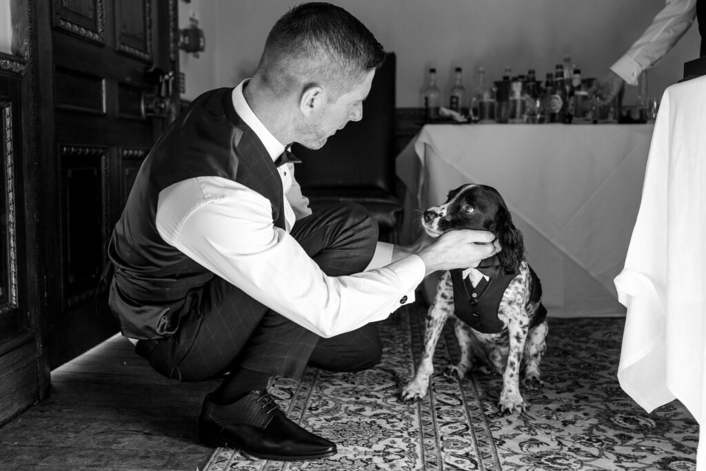 The couple’s spaniel wearing a bow tie as the groom’s dog at Rhinefield House wedding